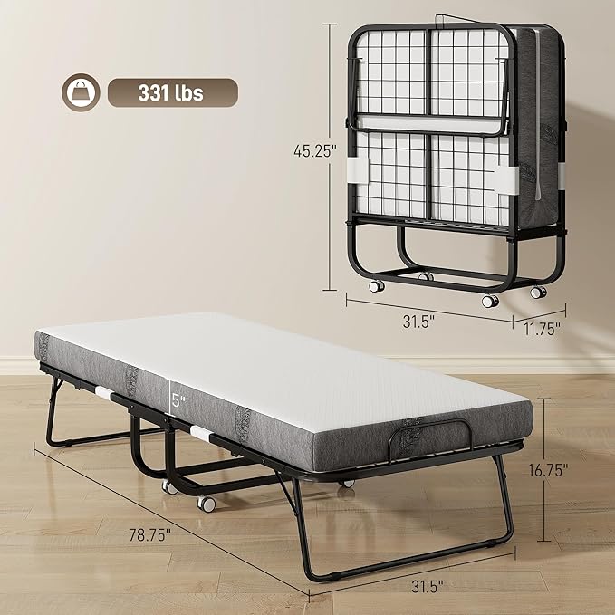 HOMCOM Folding Bed with Mattress for Adults, Long Cot Size, Portable Foldable Bed with 5" Memory Foam Mattress & Space-Saving Steel Frame, 79" x 31", Fold Up, Roll Away & Hideaway, White
