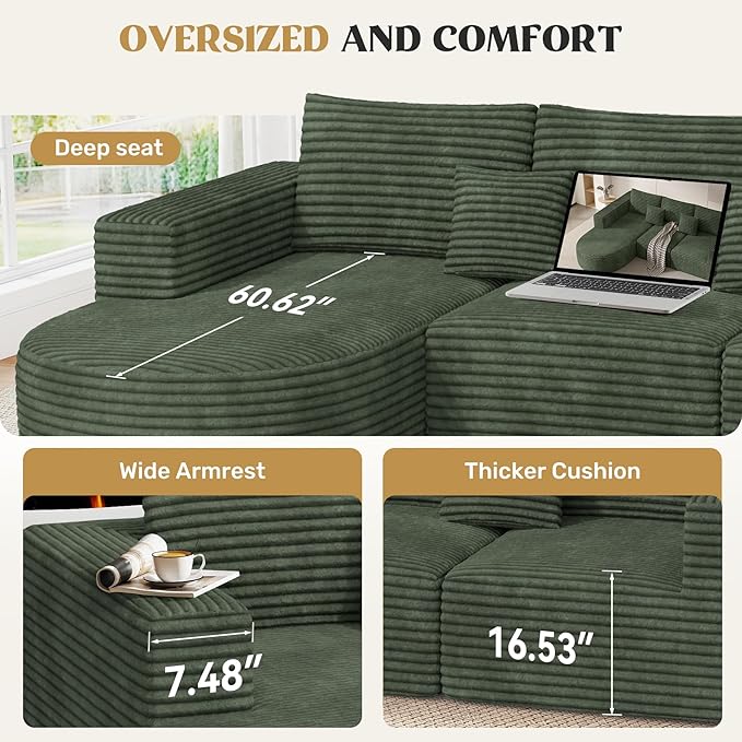 110" Modular Sectional Sofa Couches, Cloud Couches for Living Room, Boneless Sofa with Deep Seat,L-Shape Couch with Chaise,No Assembly Required,Green,1 PCS