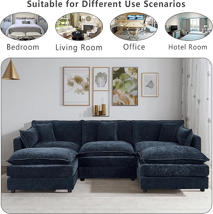 Setawix Deep 3 Seater Couch with Ottomans,112.2" U-Shaped Cloud Couches for Living Room,Chenille Cloud Sofa Couch with Deep Seat,Modular Sectional U Shape 3 Seat Sofa for Bedroom (Blue, 3+2)