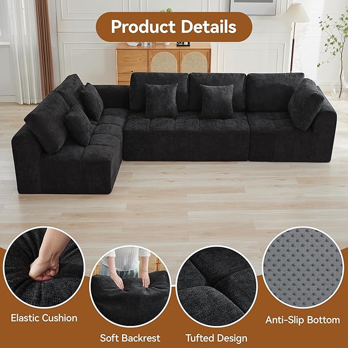 140''Modular Sectional Couches for Living Room, Cloud Boneless Compressed Sectional Sofa, Oversized L Shaped 5 Seater Upholstered Memory Foam Sofa, No Assembly, Chenille Black