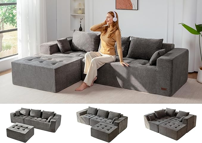 MAXYOYO Modular Sectional Sofa Couch, L Shaped Boneless Cloud Couch with Flexible Ottoman, Chenille Upholstered Living Room Sleeper Sofa Chair for Living Room, No Assembly Required, Light Grey