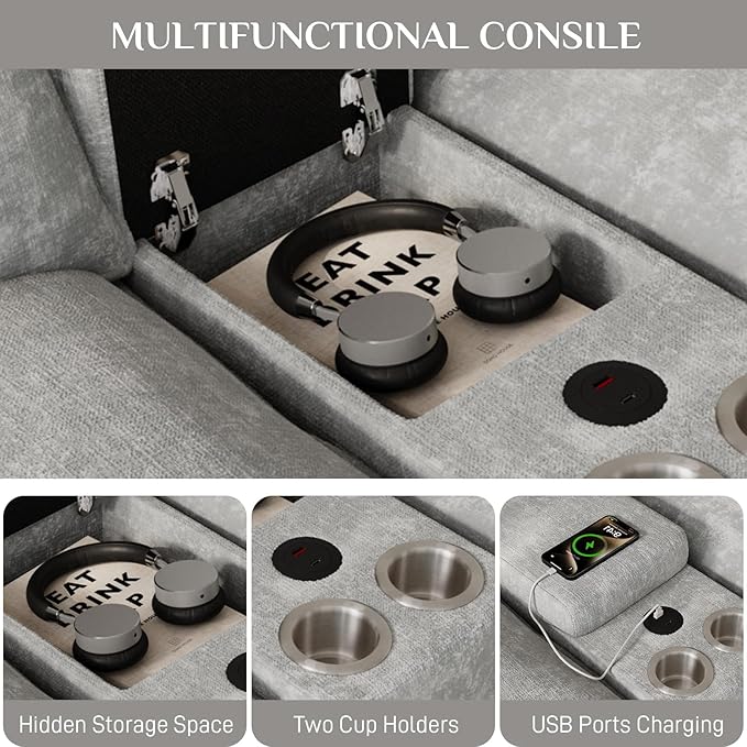 135" U Shaped Cloud Couch Sectional Modular Sectional Couches for Living Room Oversized Comfy Chenille Sofa Cloud Couch Set with Storage Central Console, USB Ports, Chaise Lounge, Ottoman, Grey