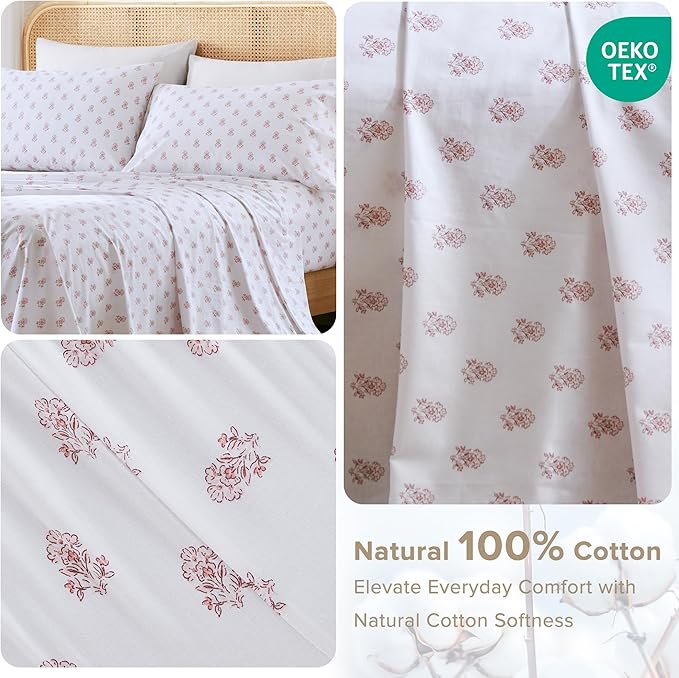 Comfort Spaces 100% Cotton Sheets King, Breathable, Naturally Cool Cotton Sheets, Soft Cotton Bed Sheets with 14" Elastic Pocket Fits up to 16" Mattress, All Seasons Sheet Set, Floral Pink 4 Piece