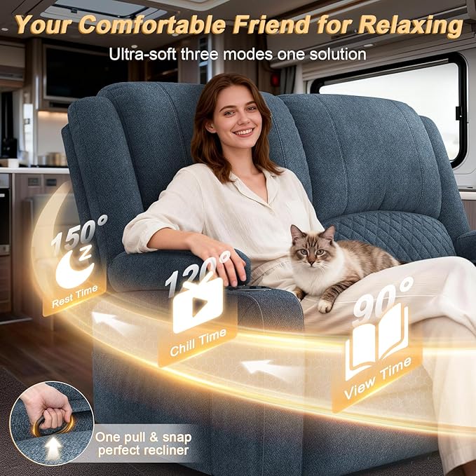 RV Loveseat Recliner Wall Hugger, Manual RV Reclining Loveseat with Removable Armrest, 3X Adjustable Theater Wall Hugger Loveseat Recliners with USB Ports, Cup Holders, Multi-Storage (Fabric,Blue)