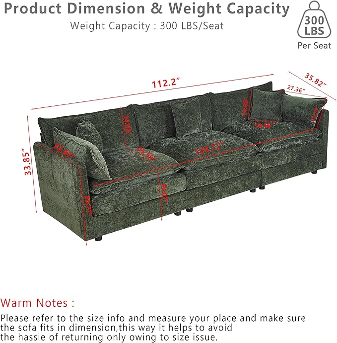 Setawix Chenille Cloud Couches for Living Room,3 Seater Cloud Sofa Couch with Deep Seat,112.2" Roomy Cloud Sofas,Modular Sectional 3 Seat Sofa with Pillows for Bedroom (Green, 3 Seater)