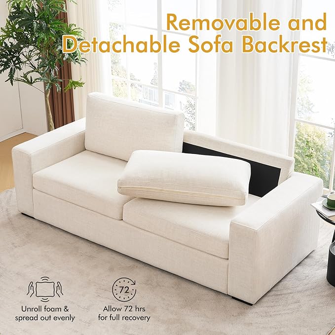 ELUCHANG 85" Modern Sofa Couches for Living Room, 3 Seater Sofa, Natural Linen Deep Seat Sofa with Upholstered Cushion&Detachable Cover, Comfy Sofa Couch for Small Space, Apartment (Beige,2PCS)