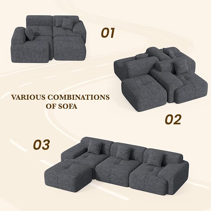 122" L Shaped Convertible Modular Couch, Cloud Couch Sectional with Ottoman, 4-Seater Chenille Boneless Couches for Living Room, Apartment, No Assembly, Grey Black 1PCS