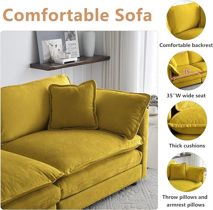 mikibama Modular Sectional Sofa, 111.5 Inch L Shaped Couch Set for Living Room, 3-Seater Comfy Cloud Couches with Movable Ottoman, DIY Combination, Chenille, Yellow