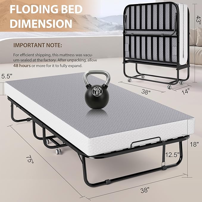 Decofy Folding Bed with Memory Foam Mattress, Portable Rollaway Guest Beds on Wheels, 75"x38" Twin Size Space-Saving Cot-Size Bed for Adults with Easy Assembly Metal Frame (Grey)