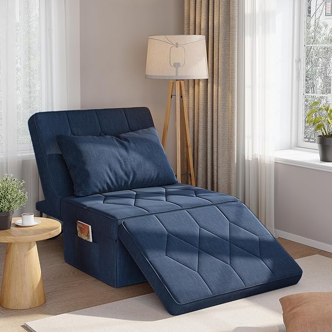 Convertible Sofa Bed with 5-Level Adjustable Backrest, 70" D x 34" W 4-in-1 Folding Ottoman Sleeper Chair Bed, Modern Single Futon Couch for Living Room Apartment Dorm Small Space, Navy Blue