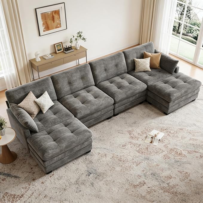 Modular Sectional U Shaped Sofa Couches for Living Room, Cloud Couch with Movable Ottoman, Comfy Chenille Sofa with Pillow for Bedroom and Apartment,Dark Gray-Tufted