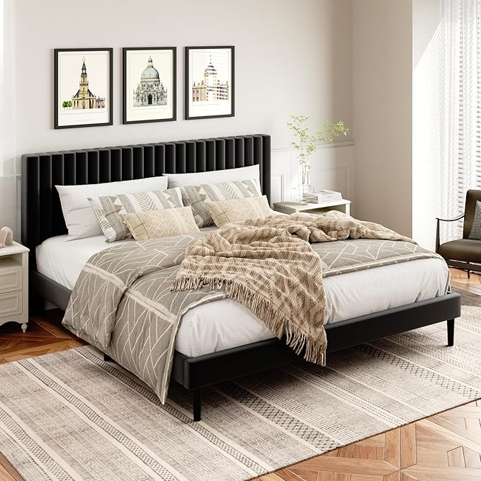 HAOARA King Size Bed Frame, King Size Platform Bed Frame and Velvet Upholstered Headboard with Strong Wood Slats, Box Spring Optional, Mattress Foundation, Easy Assembly Black