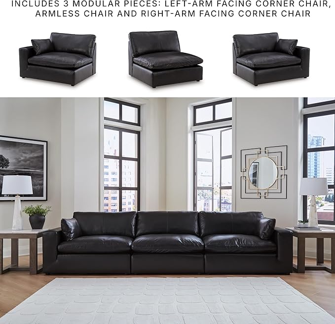 Signature Design by Ashley Emilia Straight Contemporary Leather Match 3-Piece Sectional Sofa with Removable Cushion, Black