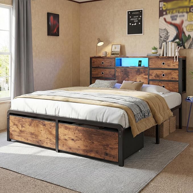 Homkdom Queen Size Bed Frame with 8 Fabric Storage Drawers, LED Lights & Charging Station, Metal Platform Bed Frame with Headboard Storage,No-Noise,Easy Assembly,Modern Brown