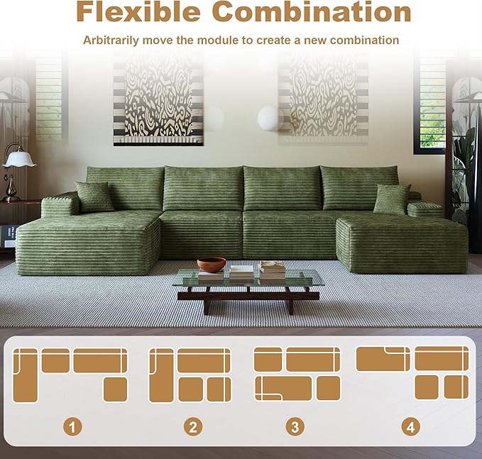 136" Sectional Couches for Living Room Modern Modular Sofa with L-Shape Couchs Upholstered Boneless Couch Deep Seat Sectional Couch with Chaise (Green, 136"Right facing chaise+3Seaters+Ottoman)
