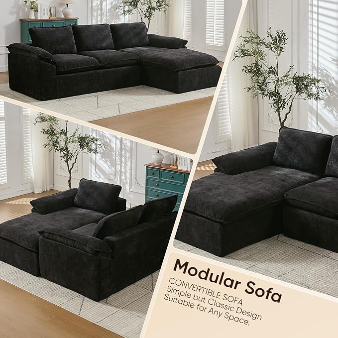 105.6”L Shape Modular Sectional Couch for Living Room, Modern Cloud Sectional 3 Seat Sofa with Oversized Chaise, Woven Texture Upholstery Boneless Couch (Black, Left Facing Chaise)