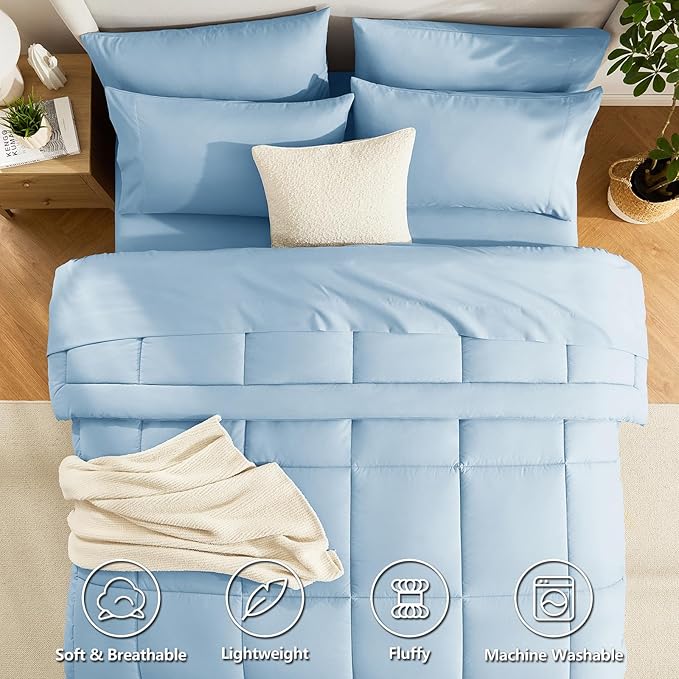 CozyLux King Size Comforter Set Baby Blue, 7 Pieces Bed in a Bag, Blue Comforter King Size, All Season Bedding Sets with Stitch Quilted Comforter, Flat Sheet, Fitted Sheet, Pillowcases
