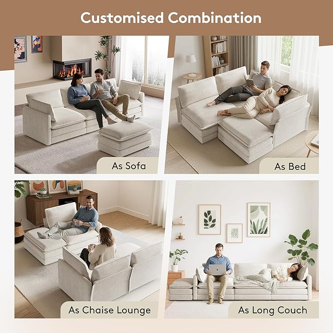 ROWHY 104'' Modular Sectional Cloud Couch with Movable Ottoman, 4 Seat Modern Corduroy Sofa, Deep Seat L Shaped Couch for Living Room Bedroom Apartment, Beige | Premium Corduroy, Washable Covers, Arrange Freedom, Sturdy Frame, Movable Ottoman, Deep Seat