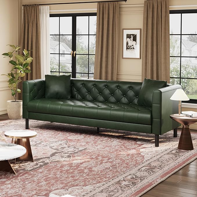 GarveeHome 81 in Leather Couch for Living Room, Modern Sofa Couch with Deep Seat and 2 Pillows, Handmade Button Tufted 3 Seater Sofa, Leather Sofa for Apartment, Office, Green