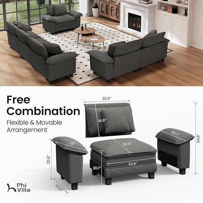 PHI VILLA Cloud Modular Couches Sets, 3 Pieces Large Sectional Sofa Set with Loveseats & Armchair, 6-Seater Upholstered Couch for Living Room, Corduroy Fabric, Grey
