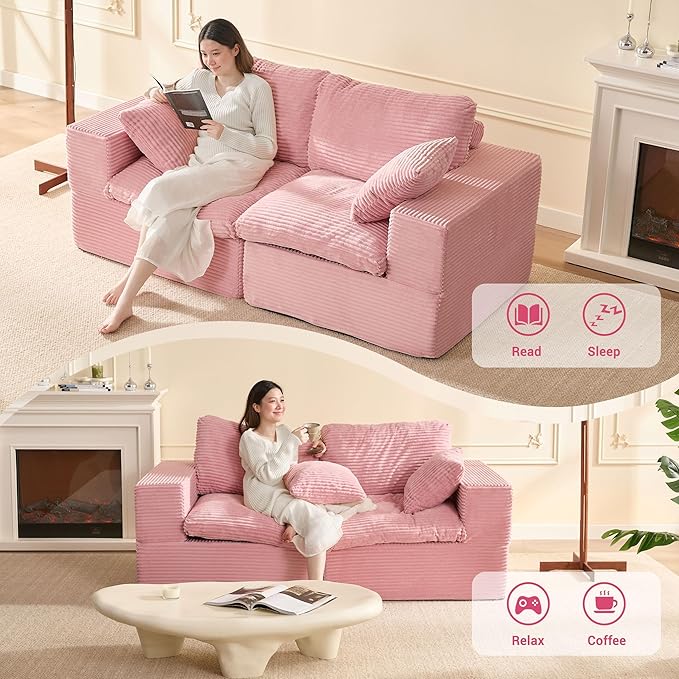 74.8” Set of Cloud Couch, Modular Loveseat Sofa, Convertible Sofas Bed, Deep Seat Sofa, Cozy Sofa for Living Room, Office and Bedroom, Corduroy, Pink