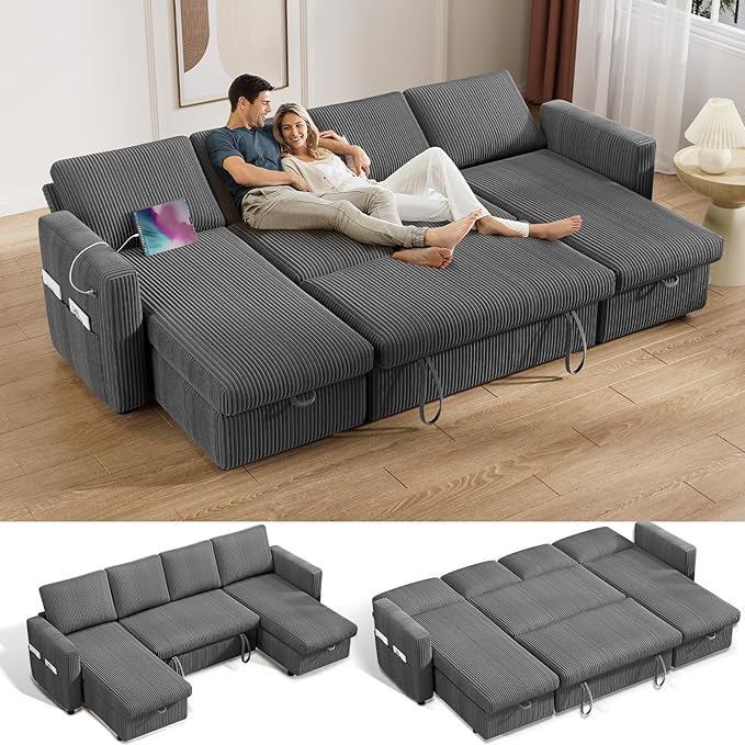 Vipbear 104" Sectional Sleeper Sofa Bed with Pull Out Bed, U Shaped Couch Pull Out Couch with Reclining Backrest, Reversible Storage Chaise, USB Ports, Tool-Free Assembly, Corduroy Grey