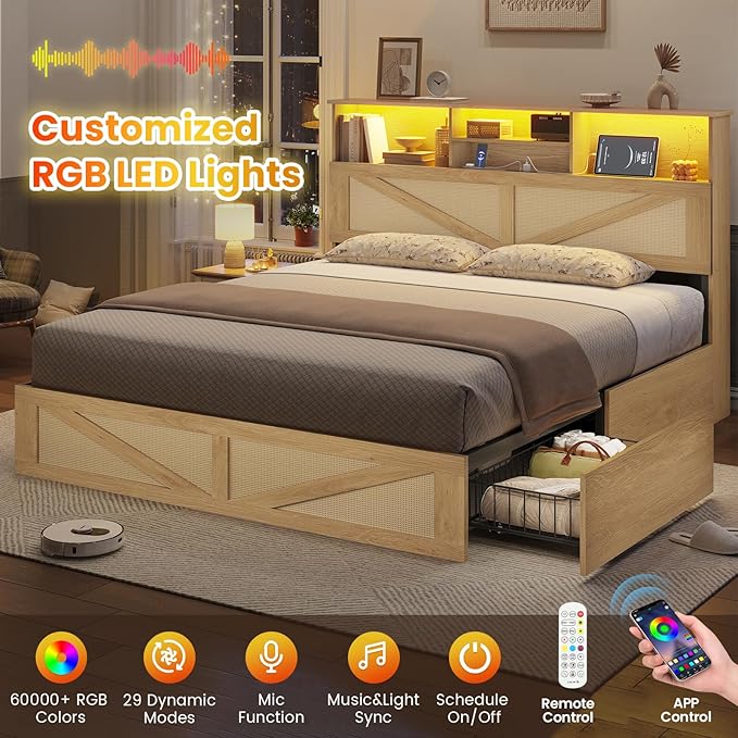 VIAGDO Bed Frame Queen Size with Bookcase Storage Headboard, Charging Station and LED Lights, Wooden Queen Bed Frame with 4 Drawers, Barn Door Design, No Box Spring Needed, No Noise, Natural Rattan