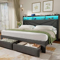 Driftalia King Size Bed Frame with 2-Tier Storage Headboard, Upholstered King Bed Frame with 2 Drawers, Charging Station and LED Lights, No Box Spring Needed, Easy Assembly - Dark Grey