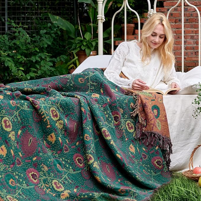 Boho Throw Blanket for Bed 100% Cotton Soft Lightweight Quilt Home Decor Spring Bed Blanket,Floral Embroidery Reversible All Season Bohemian Breathable Twin Throws for Sofa Couch Chair 60"x80"