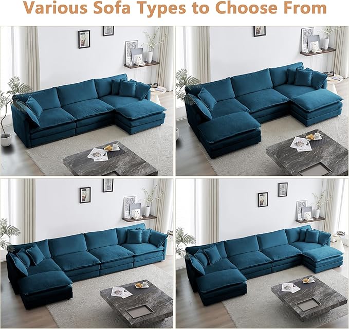 mikibama Modular Sectional Sofa, 111.5 Inch U Shaped Couch Set for Living Room, 3-Seater Comfy Cloud Couches with Movable Ottoman, DIY Combination, Chenille, Blue