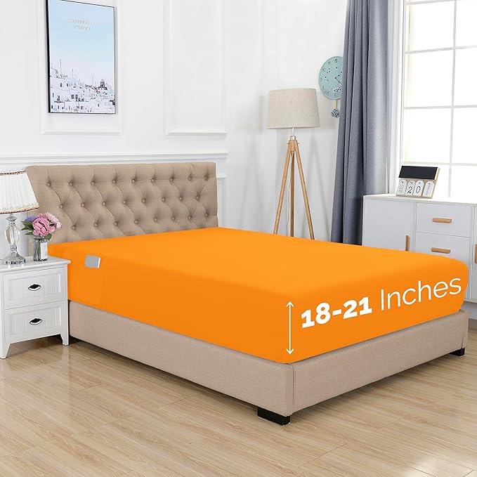 Elegant Comfort 1500 Premium Hotel Quality 18-21 Inches Deep - Extra Deep Pocket Single Fitted Sheet for High Mattress, Luxury and Softest, Smart Pocket - Wrinkle Free, King, Orange