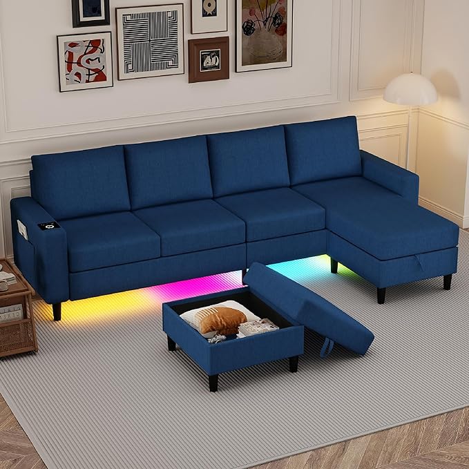 U Shaped Sectional Couches for Living Room, 109" Linen Cloud Couch with Chaise Lounge/Storage Ottoman, 4 Seat Sectional Sofa with Smart Module-Wireless Charging/USB/Type-C/RGB Lights (Blue)