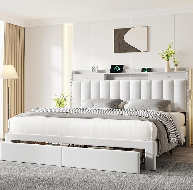 CypBed Queen Bed Frame with Headboard ＆ 4 Storage Drawers,Velvet Upholstered Platform Bed Frame Queen Size with 3 USB & Type-C Charging Ports,Solid Wood Slats,No Box Spring Needed, No-Noise,White,Gift