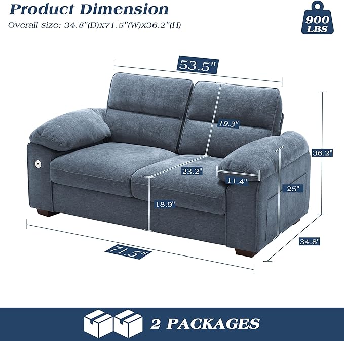 WorthFurni Sofas for Living Room, Chenille Pillow-Armrest Loveseat Couch Set, Small Sofa, 3 Seater Sofa, USB Charging, Removable Sofa Cover, Solid Wood Frame, Easy to Install (71.5 inch, Blue)