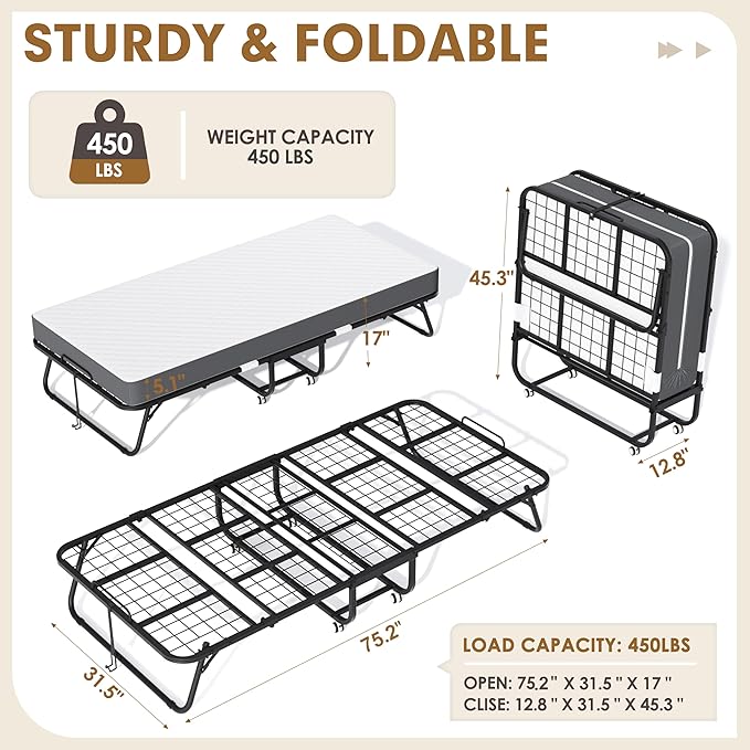 INTERGREAT Folding Bed with Mattress, 75.2" x 31.5" Portable Folding Bed for Adults, Foldable Bed with 5-inch Mattress for Guests, Heavy-Duty Steel Frame Supports Rollaway Bed for Easy Storage | Portable, For Adults, 5-inch Mattress, Heavy-Duty Steel, ...