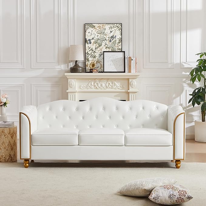 HITHOS 78" Leather Sofa Couch, Soft 3 Seater Sofa Couches for Living Room, Button Tufted Comfy Couch Modern Sofa with Upholstered Cushion, Gold Trim, Solid Wood Legs for Dorm Bedroom Apartment, White