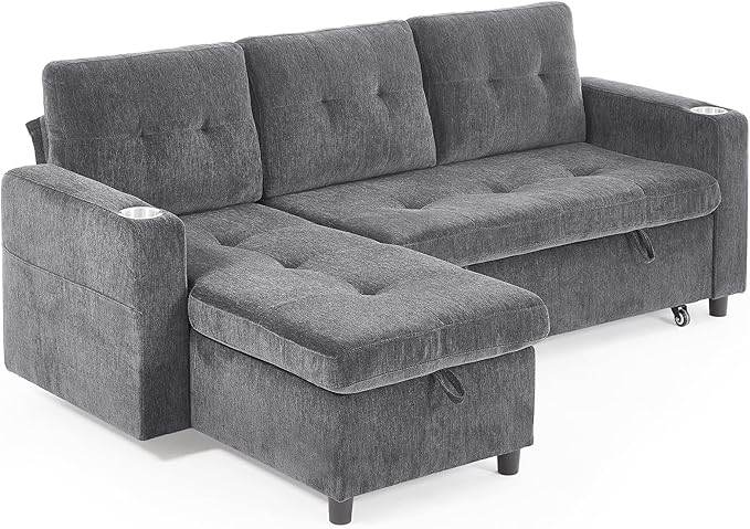 ONBRILL Sleeper Sofa,L-Shaped Sectional Sofa Bed with Storage Chaise,Tool-Free Assembly,Reversible 3 in 1 Pull Out Couch,Couches for Living Room,Apartment,Chenille,Grey