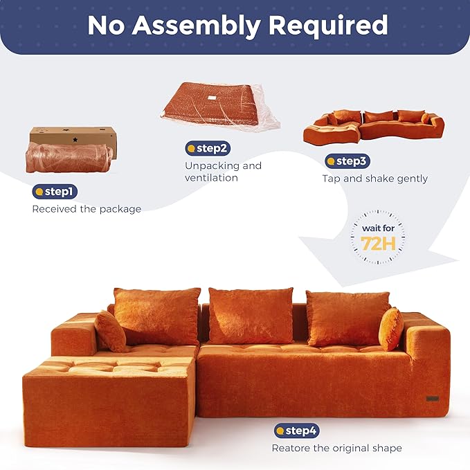 MAXYOYO Modular Sectional Sofa Couch, L Shaped Boneless Cloud Couch with Flexible Ottoman, Chenille Upholstered Living Room Sleeper Sofa Chair for Living Room, No Assembly Required, Orange