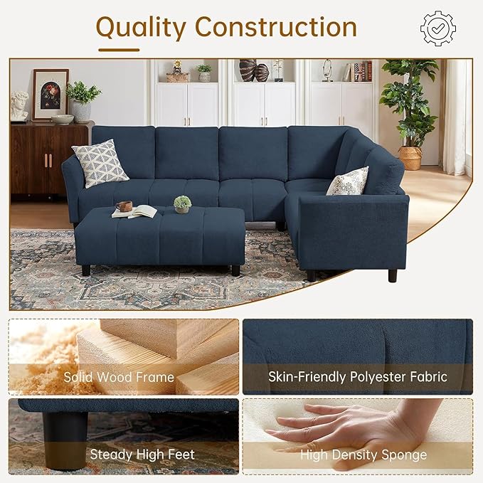 103" Convertible Sectional Sofa with Long Ottoman, Modern Upholstered Fabric L-Shaped Couch with Back Cushions, 6 Seat Sofa Couches for Living Room, Apartment, Office, Blue