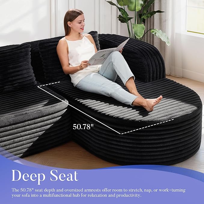 Hobestluk 96" Cloud Sectional Couch Modern Boneless Couch 3 Seater with Oversized Chaise L Shaped Modular Sofa Couches for Living Room Apartment No Assembly Required (Stripe Black,Right Facing Chaise)