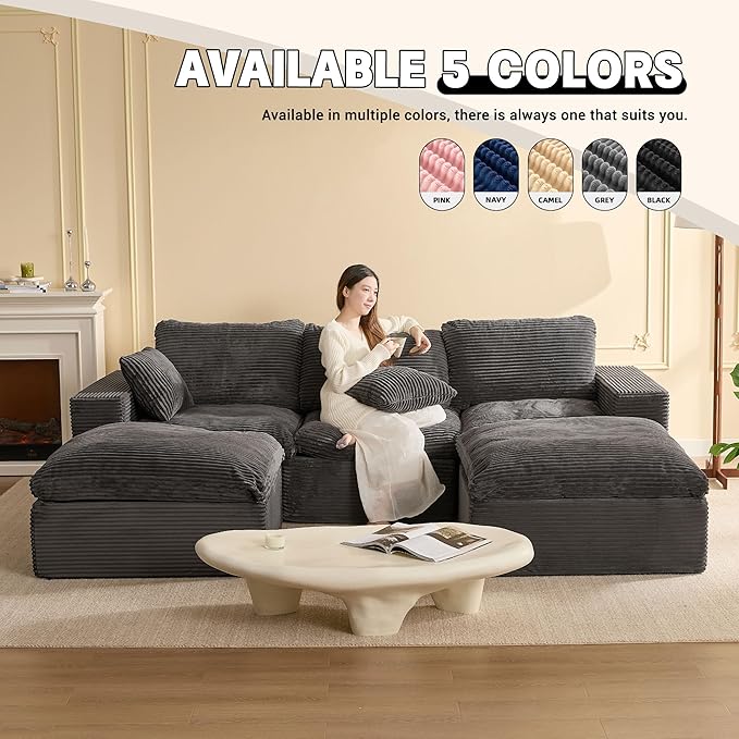 106.3” Sectional Couches for Living Room, Set of Cloud Couch, Modular Sectional Sofa, Convertible Sofas Bed, Deep Seat Sofa, U Shaped Cozy Sofa Furniture Set, Corduroy, Gray