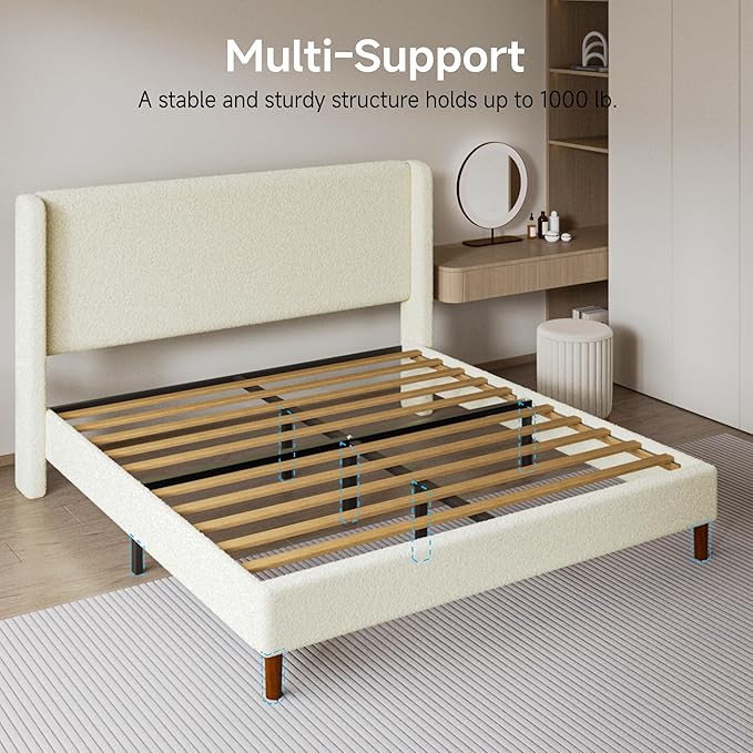 Queen Boucle Bed Frame, Platform Bed with Upholstered Wingback Headboard, Strong Wooden Slats Support, Noise-Free, Easy Assembly, No Box Spring Needed, Beige