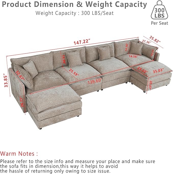 Setawix Deep 4 Seater Couch with Ottomans,147.22" U-Shaped Cloud Couches for Living Room,Chenille Cloud Sofa Couch with Foorest,Modular Sectional U Shape 4 Seat Sofa for Bedroom (Coffee, 4+2)