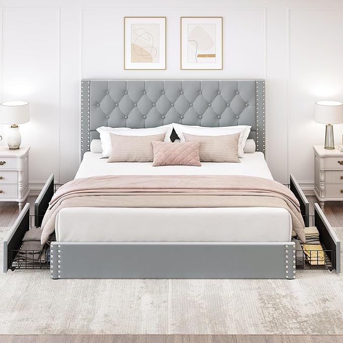 LARMACE King Size Bed Frame with 4 Storage Drawers and Tufted Headboard Velvet Upholstered Platform Bed Frame with Heavy Duty Wood Slats, No Box Spring Needed, Easy Assembly, Bluish Grey