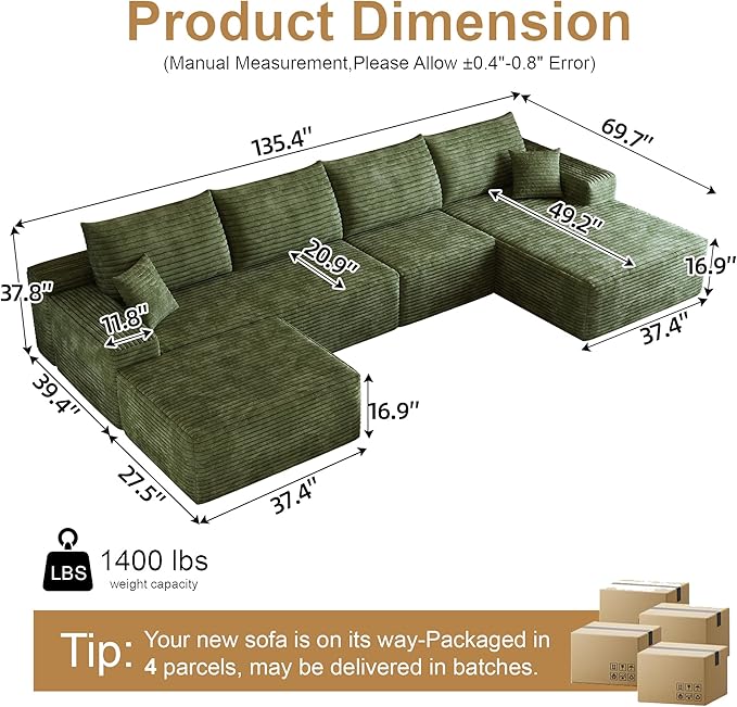 136" Sectional Couches for Living Room Cloud Couch Sofa with L-Shape Upholstered Boneless Couchs Modern Modular Sectional Couch with Chaise (Green, 136" Right Facing Chaise+3Seaters+Ottoman)