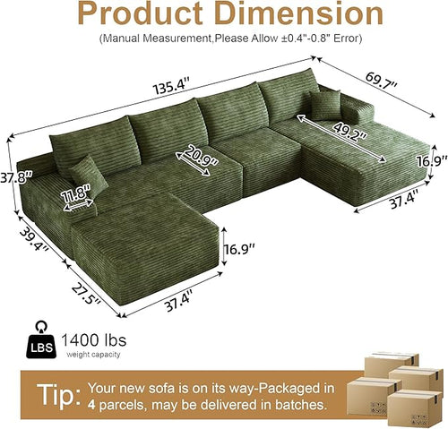 136" Sectional Couches for Living Room Cloud Couch Sofa with L-Shape Upholstered Boneless Couchs Modern Modular Sectional Couch with Chaise (Green, 136" Right Facing Chaise+3Seaters+Ottoman)