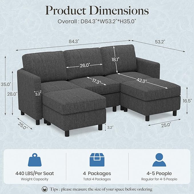 Belffin 84.3" 5 Seats U Shaped Couch Modular Sectional Sofa Washable Sectional Couches for Living Room Comfy Couches with Storage Seat Couch Sofas with Chaise,Dark Grey