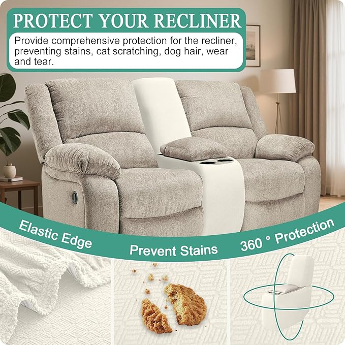 Waterproof Reclining Sectional Couch Covers Washable L Shaped Couch Cover for Sectionals Recliner Sofa Covers Stretch Corner Recliner Slipcovers for Dogs (Console Cover, Cream)