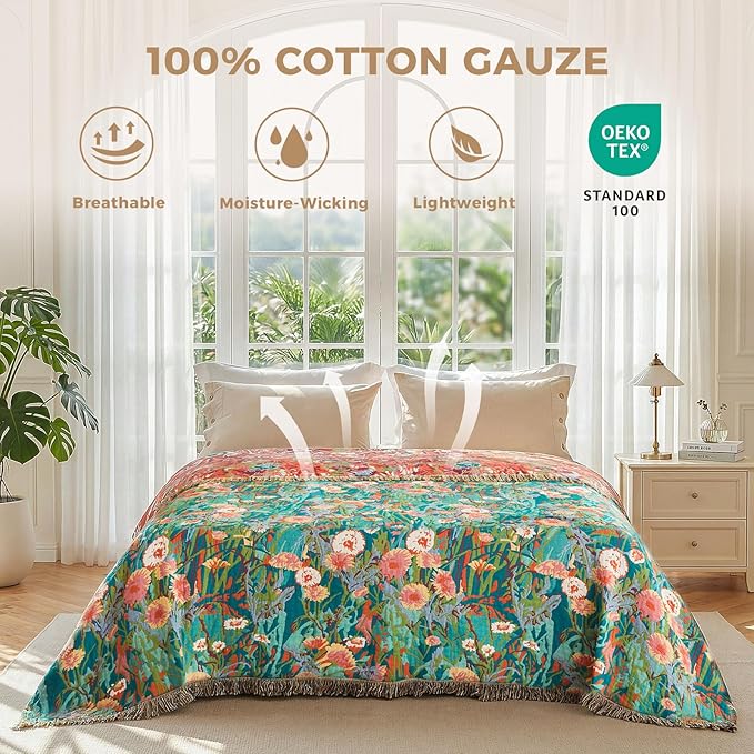 LUTBM King Size Blanket for Bed Soft Cotton Spring Lightweight Quilt Floral Embroidery King Bed Blanket,90"x108" All Season Reversible Blankets for Bedroom Living Room Decor