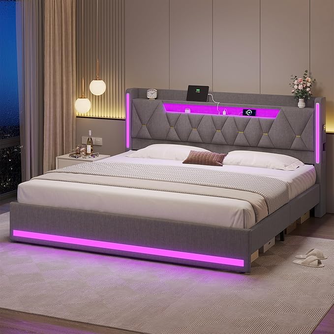 busyaeh King Size Bed Frame with Marshmallow Headboard and Storage, King Bed Frame with LED Lights & Charging Station, Upholstered Platform Bed with Metal Support, No Noise, No Box Spring Needed,Gray